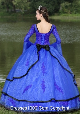 Most Popular V-neck Appliques Blue Quinceanera Dress With Long Sleeves