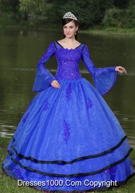 Most Popular V-neck Appliques Blue Quinceanera Dress With Long Sleeves