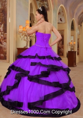 Organza Purple and Black Quinceanera Gown Dresses with Beading