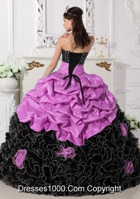 Pink and Black Sweetheart Organza Quinceanera Dresses with Beading and Rolling Flowers