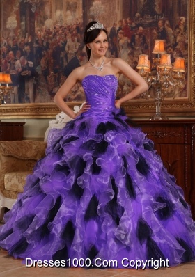 Princess Strapless Organza Purple and Black Quinceanera Dress