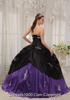 Puffy Strapless Apppliques Black and Purple Quinceanera Dress