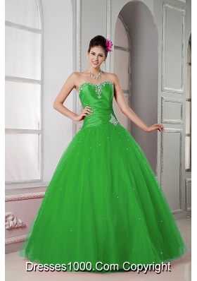 Puffy Sweetheart Floor-length Tulle Quinceanea Dress with Beading