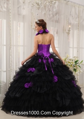 Purple and Black Halter Organza Hand Made Flowers Sweet 16 Dresses