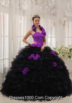 Purple and Black Halter Organza Hand Made Flowers Sweet 16 Dresses
