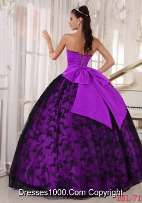 Purple and Black Puffy Sweetheart Taffeta Lace Quinceanera Gown