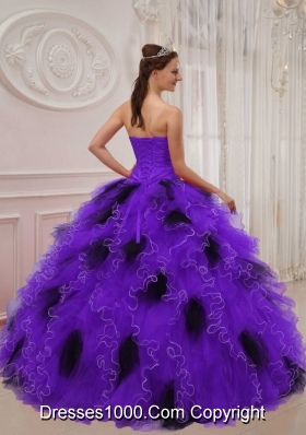 Purple and Black Sweetheart Sweet 15 Dresses with Appliques and Ruffles