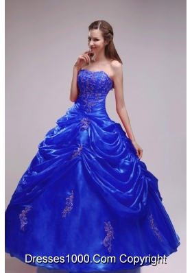 Royal Blue Puffy Strapless 2014 Applqiues Quinceanera Dresses with Pick-ups