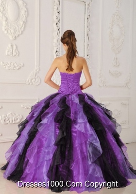 Strapless Organza Black and Purple Quinceanera Dress with Appliques and Ruffles