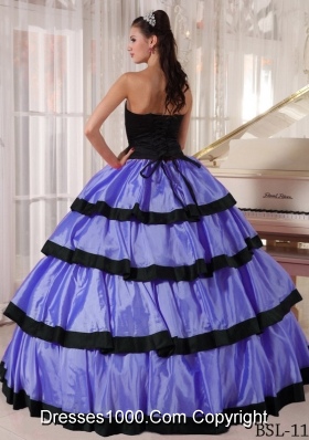 StraplessTaffeta Purple and Black Quinces Dresses with Layers