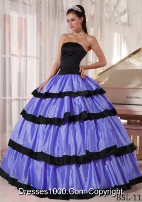 StraplessTaffeta Purple and Black Quinces Dresses with Layers