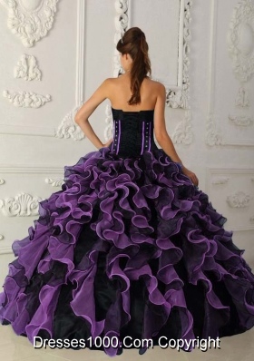 Sweetheart Black and Purple Quinceanera Dress with Beading and Ruffles