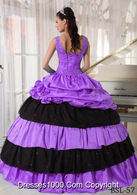 V-neck Taffeta Beading Purple and Black Quincianera Dresses with Flowers and Pick-ups