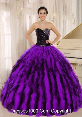 Beaded and Ruffles Sweetheart For Purple and Black Quinceanera Gowns