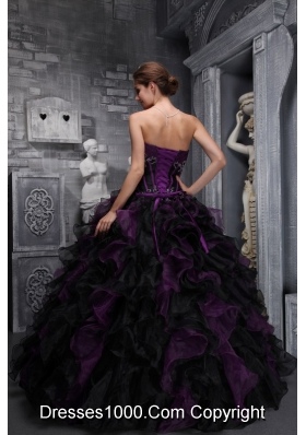 Exclusive Strapless Purple and Black Quinceanera Dress with Appliques and Ruffles