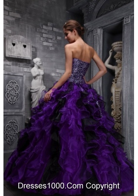 Leopard Sweetheart Purple and Black Quinceanera Dress with Organza Ruffles and Beading