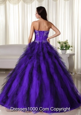 Strapless Purple and Black Quinceaneras Dress with Appliques