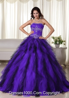 Strapless Purple and Black Quinceaneras Dress with Appliques
