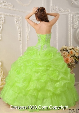 Lime Green Organza Sweet 15 Dresses with Appliques and Pick-ups