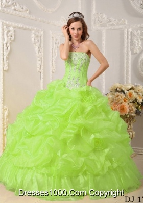 Lime Green Organza Sweet 15 Dresses with Appliques and Pick-ups