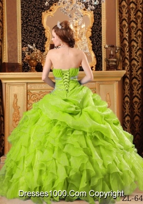 Lime Green Princess Organza Sweet 15 Dresses with Beading and Ruffles