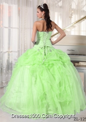 Lime Green Strapless Organza Sweet 15 Dresses with Beading and Pick-ups