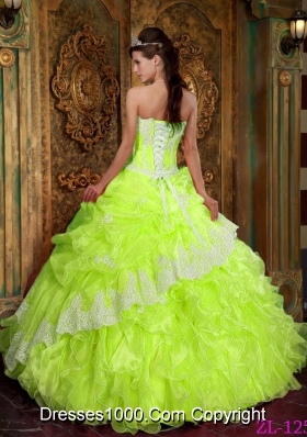 Princess Strapless Ruffles and Appliques for Organza Lime Green Quinceanera Dresses