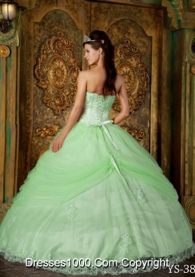 Princess Strapless Tulle Quinceanera Dresses with Appliques and Flowers