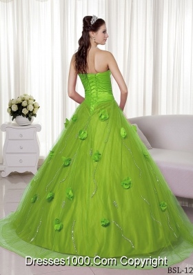 Princess Sweetheart Lime Green Quinceaneras Dress with Hand Made Flowers