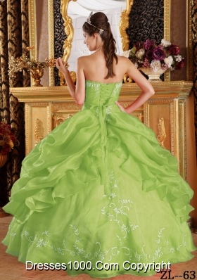 Puffy Strapless Organza Lime Green Sweet 16 Dresses with Embroidery and Pick-ups