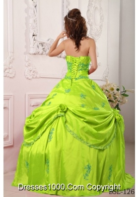 Strapless Taffeta Lime Green Quinceanera Dress with Appliques and Flowers