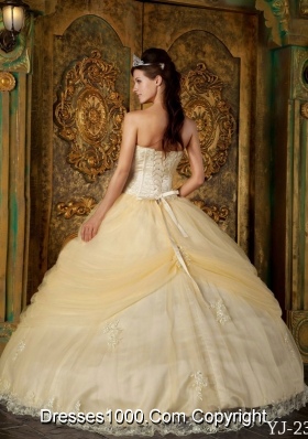 Impressive Ball Gown Strapless Floor-length Appliques Champagne Quinceanera Gowns