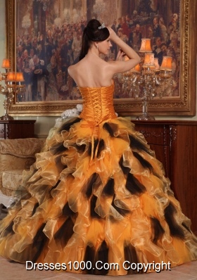 Orange and Black Strapless Organza Quinceanera Dress with Beading and Ruffles