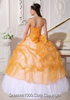 Orange and White Strapless Organza Sweet 15 Dresses with Appliques and Pick-ups