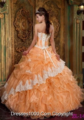 Orange Princess Strapless Ruffles and Appliques Organza Sweet Sixteen Dresses