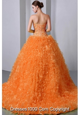 Orange Princess Sweetheart Brush Train Organza Quinceanea Dresses with Beading and Ruffles