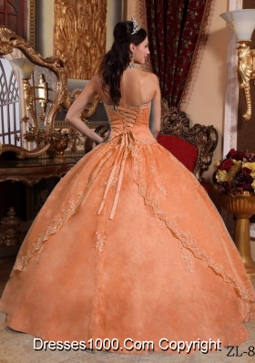 Orange Puffy Strapless Organza Appliques Quinceaneras Dresses