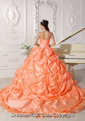 Orange Red Strapless Chapel Train Quinceanera Gowns with Beading