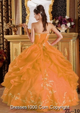 Orange Strapless Embroidery and Pick-ups Organza Quinceanera Gown Dress