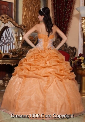 Orange Strapless Organza Quinceanera Dress with Appliques and Pick-ups