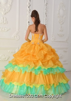 Orange Strapless Organza Quincenera Dresses with Ruffles and Beading