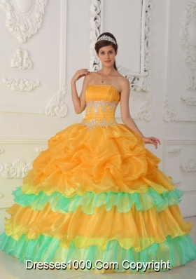 Orange Strapless Organza Quincenera Dresses with Ruffles and Beading