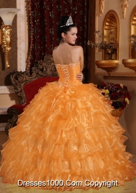 Orange Strapless Organza Sweet Sixteen Dresses with Beading and Layers