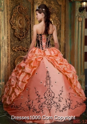 Orange Strapless Taffeta Sweet 15 Dresses with Black Embroidery