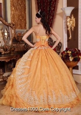 Orange Sweetheart Organza Quinceanera Gown Dresses with Beading and Ruffles