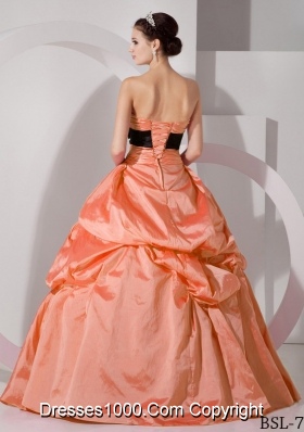 Orange Sweetheart Princess Discount Quinceanea Dresses with Black Sash