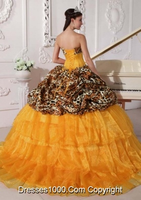 Orange Sweetheart Sweep Train Leopard Quinceneara Dresses with Pick-ups