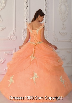 Orange V-neck Quinceanera Gowns with Beading and Appliques