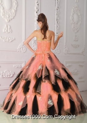 Organza Princess Strapless Orange and Black Quinceanera Dresses with Appliques