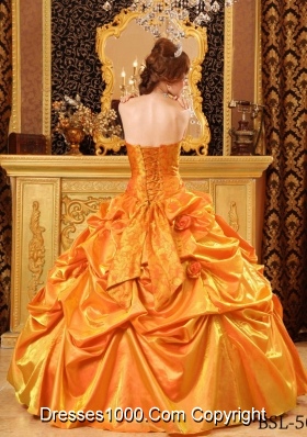 Popular Taffeta Hand Made Flowers and Pick-ups Orange Quinceneara Dresses